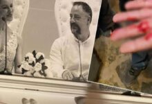 Collage: bride and groom at a wedding, seated at a decorated table with microphones and bouquet; right panel shows a blurred hand with red stain or injury.