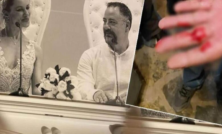 Collage: bride and groom at a wedding, seated at a decorated table with microphones and bouquet; right panel shows a blurred hand with red stain or injury.