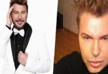 Split image: on the left, a man in a white tuxedo and black bow tie posing with one hand on his head; on the right, a close-up selfie of the same man with styled hair looking at the camera in a black shirt.