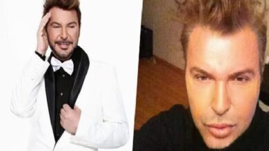 Split image: on the left, a man in a white tuxedo and black bow tie posing with one hand on his head; on the right, a close-up selfie of the same man with styled hair looking at the camera in a black shirt.
