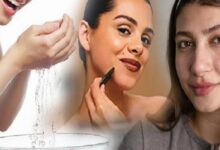 Three women in a skincare montage: water splashing into a bowl on the left, a woman applying makeup in the center, and another applying cream under her eye on the right.