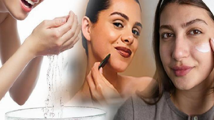 Three women in a skincare montage: water splashing into a bowl on the left, a woman applying makeup in the center, and another applying cream under her eye on the right.