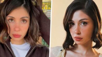 Split-image portrait of a young woman shown in two looks: left with wavy brown hair in a brown jacket, right with shorter dark hair and makeup.