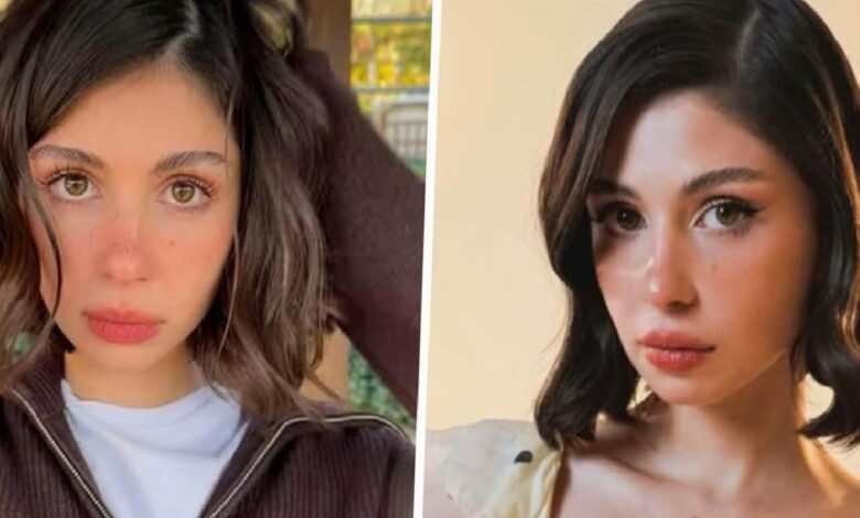 Split-image portrait of a young woman shown in two looks: left with wavy brown hair in a brown jacket, right with shorter dark hair and makeup.