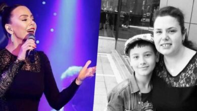 Left: female singer on a purple-lit stage holding a microphone; right: woman and boy smiling together outdoors (black-and-white).