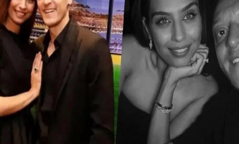 Two-panel collage: left side shows a smiling couple in black attire with hands pressed together in a pose; right side shows a black-and-white close-up of a smiling woman resting her chin on her hand beside a man.