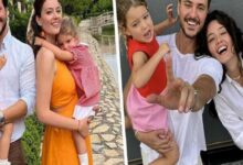 Happy couple with two young children in a split-photo collage; everyone is smiling outdoors.
