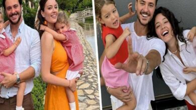 Happy couple with two young children in a split-photo collage; everyone is smiling outdoors.
