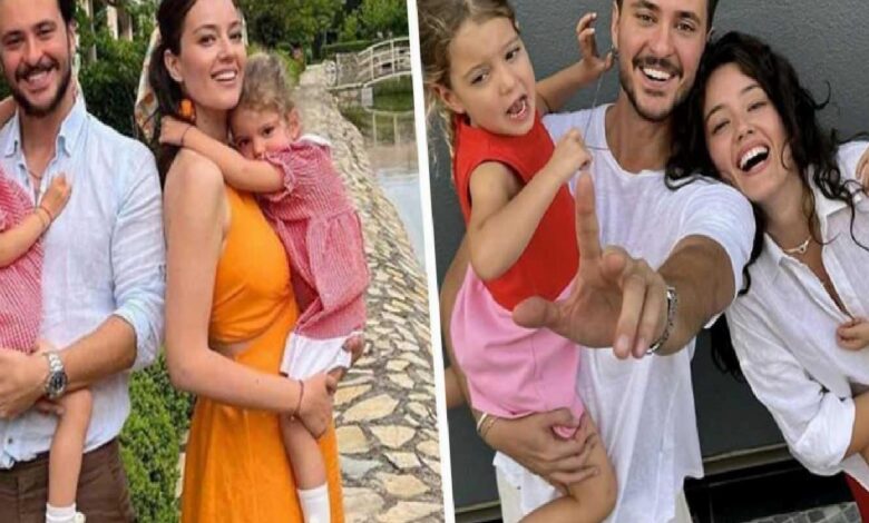 Happy couple with two young children in a split-photo collage; everyone is smiling outdoors.