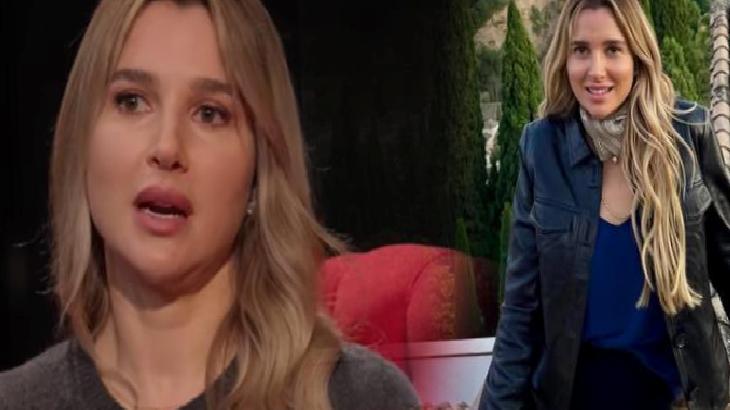 Two-panel image of a blonde woman: left panel shows a close-up of her talking; right panel shows her standing outdoors in a blue blouse with a scarf and denim jacket.