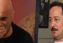 Split-screen image of two men: left man with a shaved head covering his mouth, appearing upset; right man with a mustache looking to the side in a room.