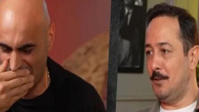 Split-screen image of two men: left man with a shaved head covering his mouth, appearing upset; right man with a mustache looking to the side in a room.