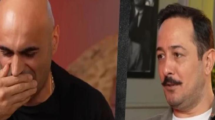 Split-screen image of two men: left man with a shaved head covering his mouth, appearing upset; right man with a mustache looking to the side in a room.