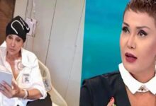 Split-screen: a hospital patient in a white gown reading a tablet on the left, and a TV host with short hair and bold makeup on the right.