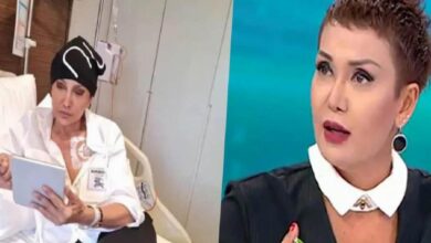 Split-screen: a hospital patient in a white gown reading a tablet on the left, and a TV host with short hair and bold makeup on the right.