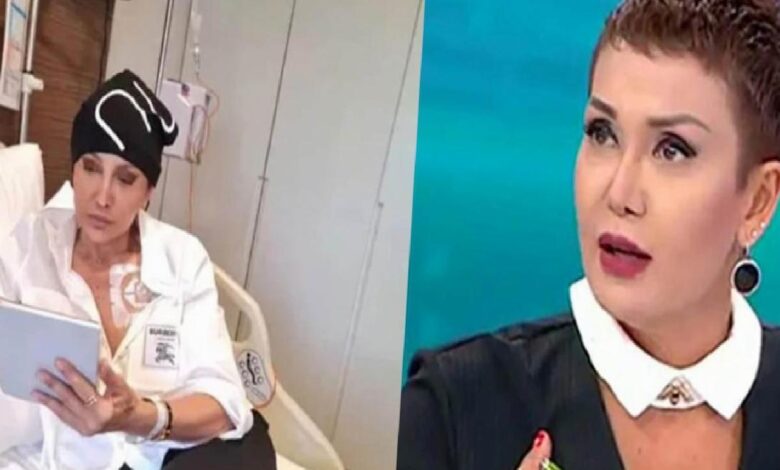 Split-screen: a hospital patient in a white gown reading a tablet on the left, and a TV host with short hair and bold makeup on the right.