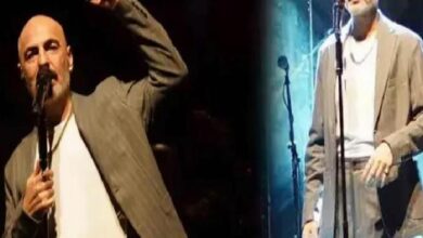 Two-panel photo of a bald male singer on stage, wearing a light blazer and white shirt, singing into a microphone with one hand raised.
