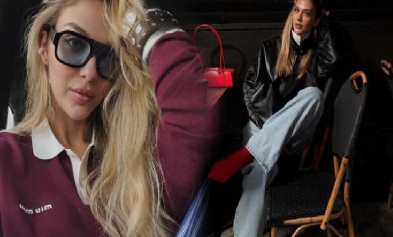 Two fashion models in a backstage setting: a close-up of a blonde wearing oversized sunglasses and a burgundy polo, with a red handbag visible in the background.