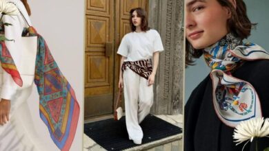 Fashion collage showing three scarf styling looks: left a white dress with a colorful patterned scarf draped over the shoulder, center a woman in white top and wide-leg pants with a zebra-print sash at a doorway, right a close-up of a model wearing a floral scarf tied at the neck and shoulder.