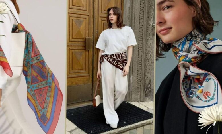Fashion collage showing three scarf styling looks: left a white dress with a colorful patterned scarf draped over the shoulder, center a woman in white top and wide-leg pants with a zebra-print sash at a doorway, right a close-up of a model wearing a floral scarf tied at the neck and shoulder.