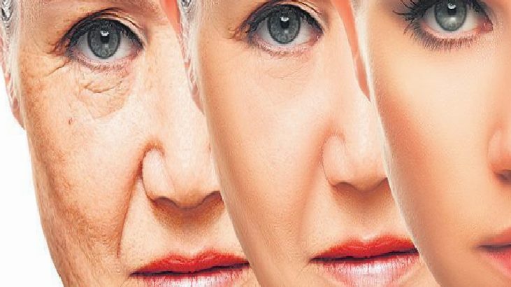 Three faces side by side showing aging progression from older to younger (left to right).
