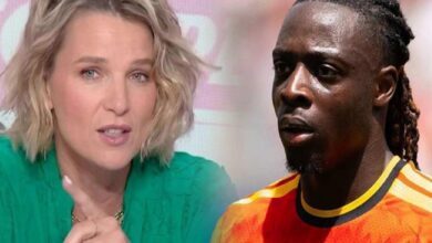 Split-screen: a woman in a green blouse speaks, while a man with braids wears an orange athletic jersey on the right.