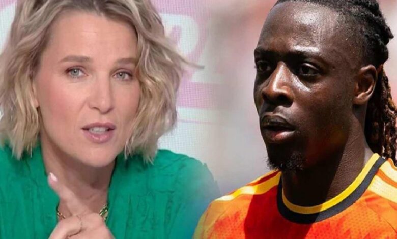 Split-screen: a woman in a green blouse speaks, while a man with braids wears an orange athletic jersey on the right.