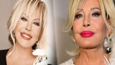 Two smiling blonde women in a side-by-side photo; left has short feathered hair and peach lipstick, right has bold pink lipstick and drop earrings.