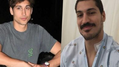 Split-screen image of two men: left in a gray t-shirt, right in a hospital gown with a mustache, both smiling slightly.