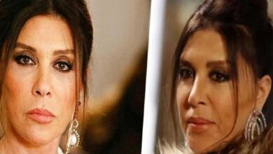 Split-screen collage of a woman with dark hair, wearing large dangling earrings, looking toward the camera on both sides.