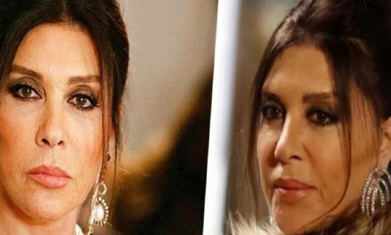 Split-screen collage of a woman with dark hair, wearing large dangling earrings, looking toward the camera on both sides.