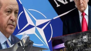 Collage showing two men in suits beside a NATO emblem, with military aircraft imagery in the foreground.