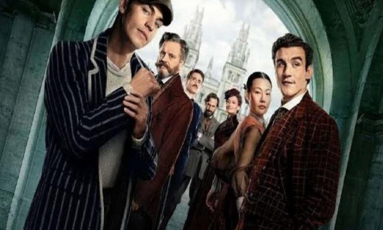 Ensemble cast in 1920s attire posing in a stone archway, like a vintage movie poster.