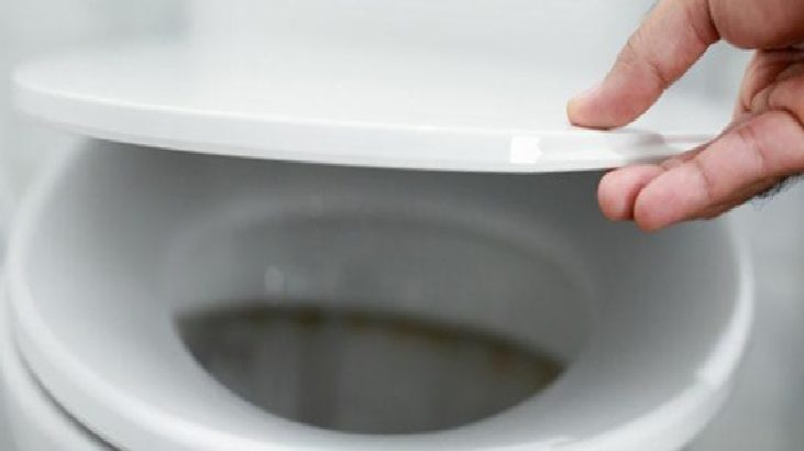 Close-up of a hand lifting a white toilet seat lid above a toilet bowl.