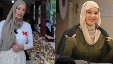 Split image of two women wearing hijabs: left at an outdoor market with fruit displays, right indoors smiling in a beige hijab and olive-green top.