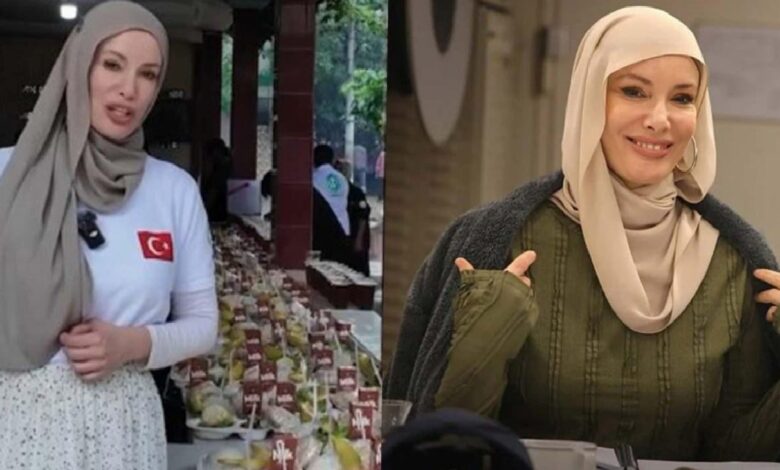 Split image of two women wearing hijabs: left at an outdoor market with fruit displays, right indoors smiling in a beige hijab and olive-green top.