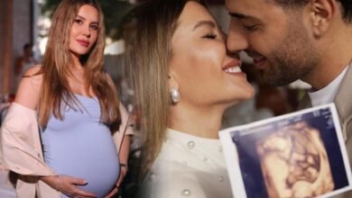 Pregnant woman in blue, hands on her belly; a couple on the right kiss while holding an ultrasound photo.