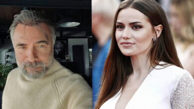 Split image: left side is a bearded man in a cream knit sweater, right side a woman with long brown hair in a white dress at an event.