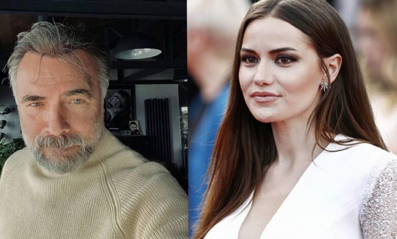 Split image: left side is a bearded man in a cream knit sweater, right side a woman with long brown hair in a white dress at an event.