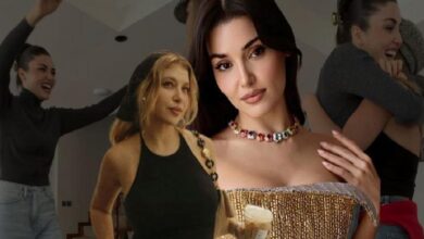Collage of four stylish women posing together at a party; center-front woman wears a gold off-shoulder top and colorful beaded necklace.