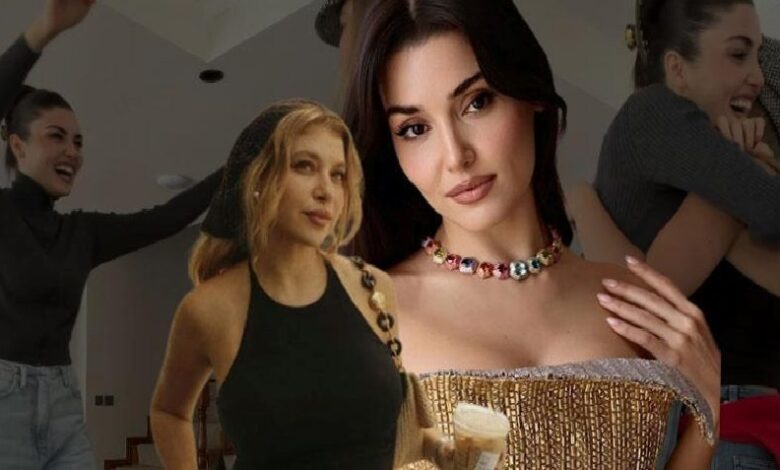 Collage of four stylish women posing together at a party; center-front woman wears a gold off-shoulder top and colorful beaded necklace.