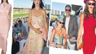 Collage of stylish guests at an outdoor daytime event with a city skyline in the background; several people pose in colorful dresses and suits, some seated at tables. Captions read 'Melodi Erbililer' and 'Arda Turkmen' nearby.