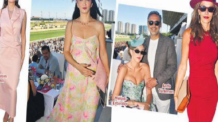 Collage of stylish guests at an outdoor daytime event with a city skyline in the background; several people pose in colorful dresses and suits, some seated at tables. Captions read 'Melodi Erbililer' and 'Arda Turkmen' nearby.