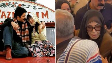 Two-panel collage: left shows a couple sitting close on a decorated vehicle, the man with a scarf and the woman in a headscarf leaning into him; right shows a woman in a dark hijab and sunglasses among a crowd.
