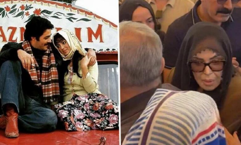 Two-panel collage: left shows a couple sitting close on a decorated vehicle, the man with a scarf and the woman in a headscarf leaning into him; right shows a woman in a dark hijab and sunglasses among a crowd.