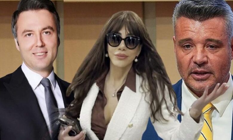 Collage of three adults in business attire: left man in suit smiling, center woman wearing sunglasses and white coat, right man in blue suit gesturing with hand.