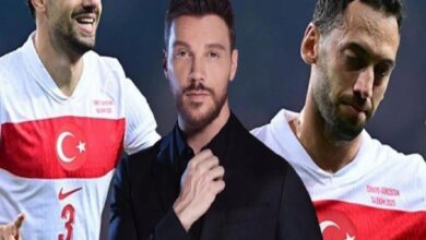 Collage of three men: two soccer players in white jerseys with a red Turkish flag stripe, flanking a man in a black suit adjusting his collar
