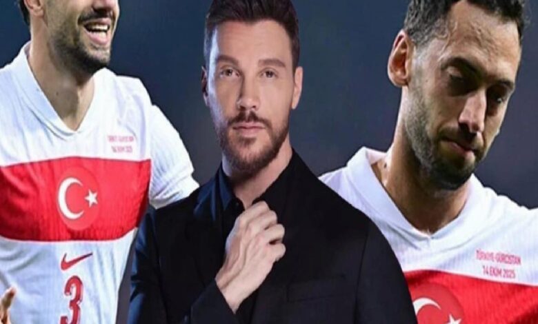 Collage of three men: two soccer players in white jerseys with a red Turkish flag stripe, flanking a man in a black suit adjusting his collar