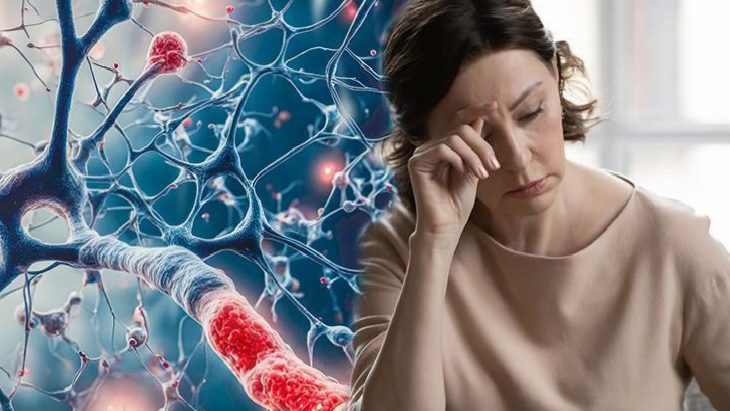 Woman touching her temple in apparent pain, with a neural network of neurons and bright red nerve fibers in the background.